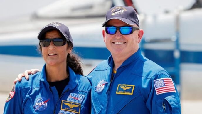 nasa astronauts butch wilmore and suni williams pose ahead of the launch of boeing s starliner 1 crew flight test cft in cape canaveral florida u s on april 25 2024 photo reuters