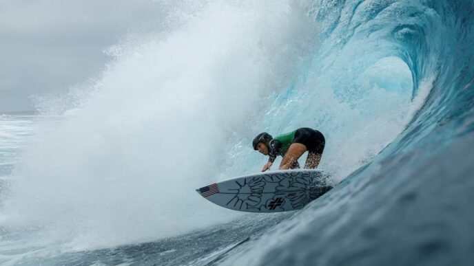 caitlin simmers of united states exits a wave in paris 2024 olympics surfing women s rrund 1   heat 4 at teahupo o tahiti french polynesia on july 27 2024 photo reuters