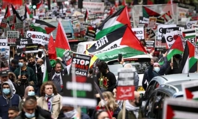 protest sparked by israeli airstrike on humanitarian safe zone in gaza that killed at least 40 civilians photo bbc