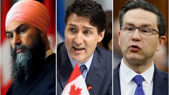 canada s new democratic party leader jagmeet singh in ottawa ontario canada march 22 2022 prime minister justin trudeau in lucerne switzerland june 16 2024 and conservative party of canada leader pierre poilievre in ottawa ontario canada april 19 2023 in a combination of file photographs photo reuters