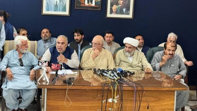 opposition leaders including asad qaiser mahmood khan achakzai and allama nasir abbas outlined the situation in erstwhile fata during a press conference in islamabad on june 4 2024 photo express