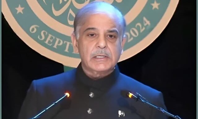 prime minister shehbaz sharif speaking at the central defence and martyrs day event at ghq in rawalpindi on friday screengrab