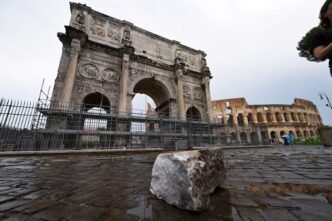 fragments of constantine s arch lie on the ground after lightning struck it during a storm in rome italy september 3 2024 photo reuters