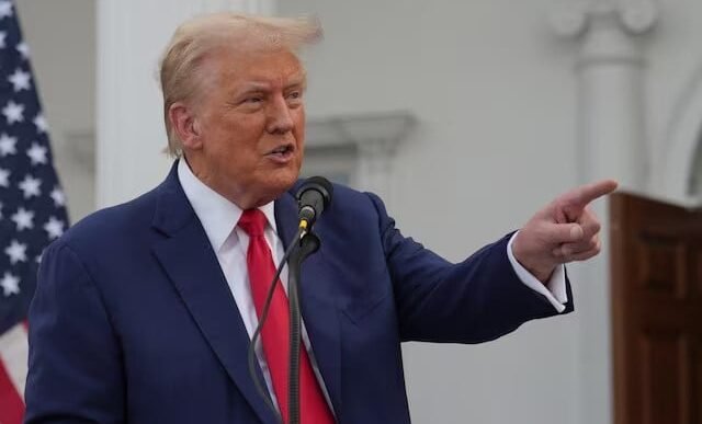 republican presidential nominee and former us president donald trump points as he speaks during a press conference at trump national golf club in bedminster new jersey us on august 15 2024 photo reuters