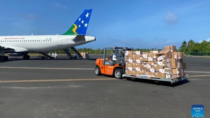 Anti-epidemic supplies provided by China arrive in Tarawa, Kiribati, Feb. 23, 2022. Anti-epidemic supplies provided by China were flown to Kiribati