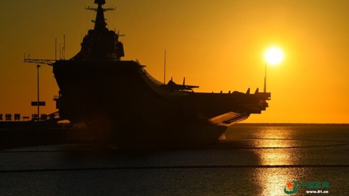 The picture shows aircraft carrier Shandong berths at a naval port in Sanya. China