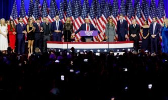 Donald Trump, center, during an election night event at the Palm Beach Convention Center in West Palm Beach, Florida, US, on Wednesday, Nov. 6, 2024. Photo: VCG