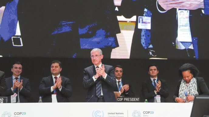 Mukhtar Babayev, COP29 President, speaks during a plenary session at the COP29 UN Climate Summit on November 23, 2024, in Baku, Azerbaijan. According to the UN, rich nations pledged to contribute at least $300 billion annually to the global fight against climate change as UN climate talks came to a contentious end early on the day in Baku. (See story on Page 8-9) Photo: VCG