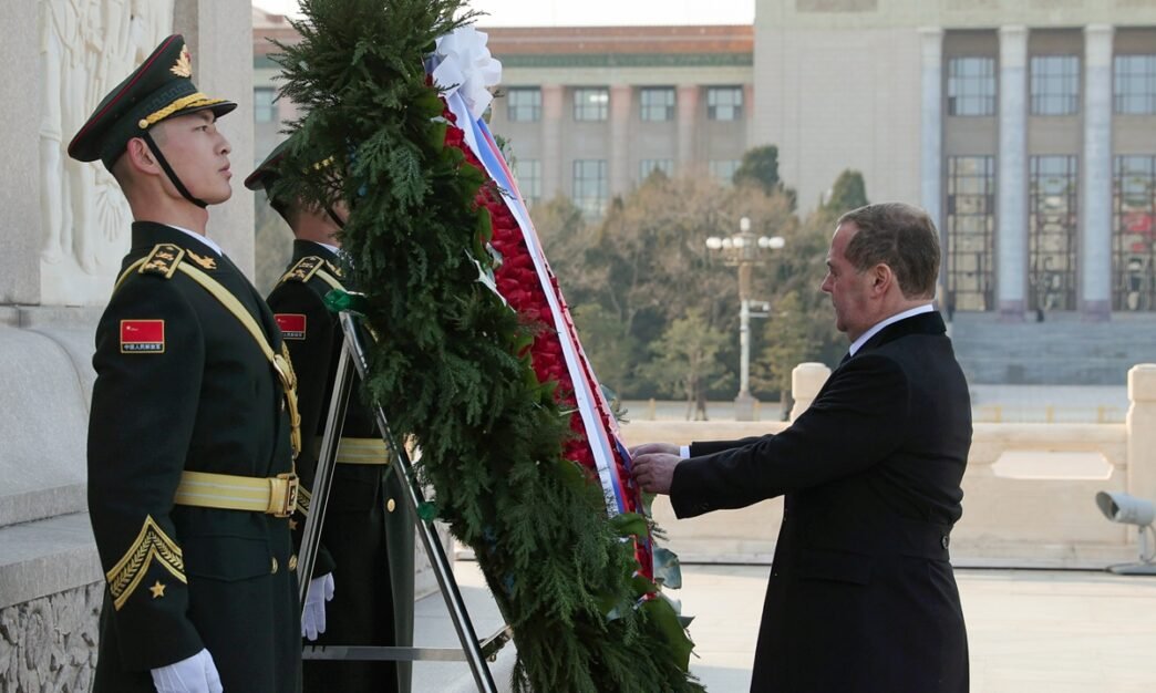 Deputy Chairman of the Russian Security Council Dmitry Medvedev attends a wreath-laying ceremony at the Monument to the People
