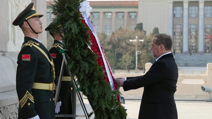 Deputy Chairman of the Russian Security Council Dmitry Medvedev attends a wreath-laying ceremony at the Monument to the People