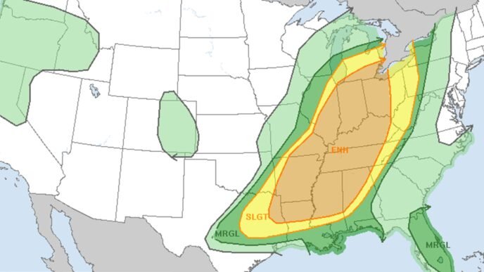 Storm system brings severe thunderstorms and large hail to Midwest and South