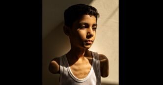 A moment of joy for a boy who lost both arms in an Israeli airstrike