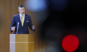 US Secretary of Defense Pete Hegseth speaks during a joint news conference with Japan