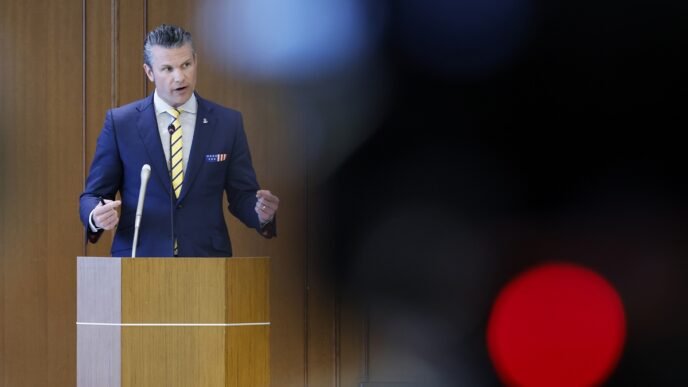US Secretary of Defense Pete Hegseth speaks during a joint news conference with Japan