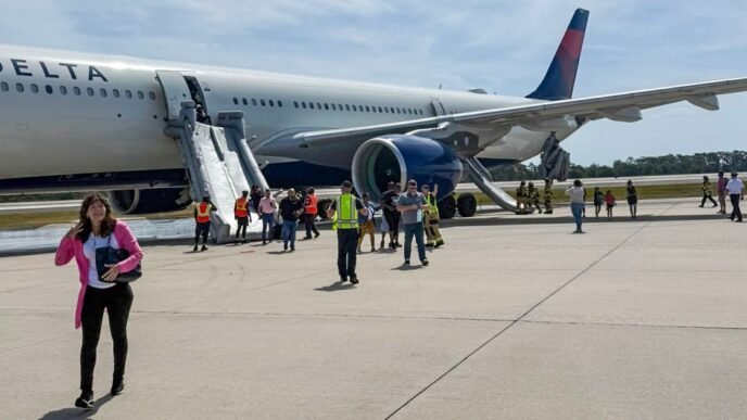 Passengers on Delta flight evacuate on slides after engine fire at Orlando airport