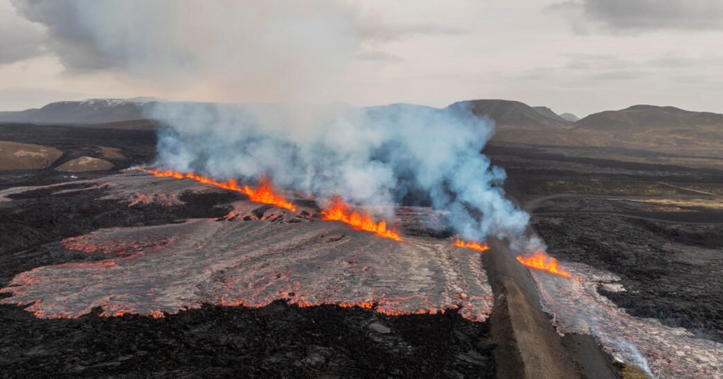 Volcano spews lava and smoke as it erupts in Iceland