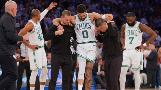 Boston Celtics superstar Jayson Tatum seen in wheelchair after suffering leg injury