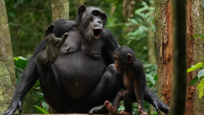 Chimpanzees use some features of language to talk to each other