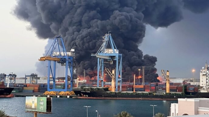 Fireball blankets port city with thick black smoke as paramilitary unleashes drones, Sudan says