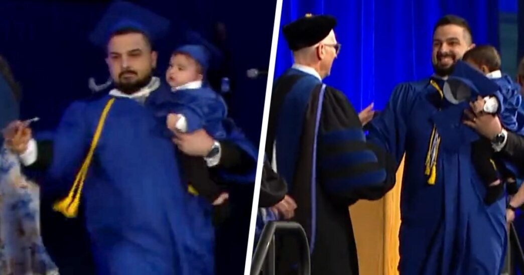 University of Buffalo grad chased by police as he runs across stage holding his baby