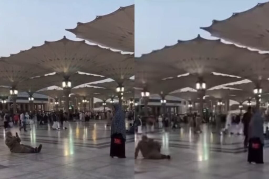 Husband lays on floor at Masjid e Nabwi to take wife’s perfect photo goes viral