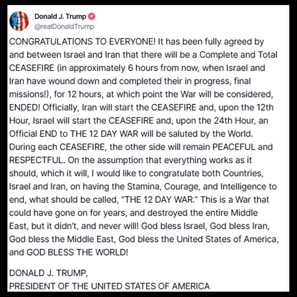 President Trump claims Iran and Israel agreed to ceasefire