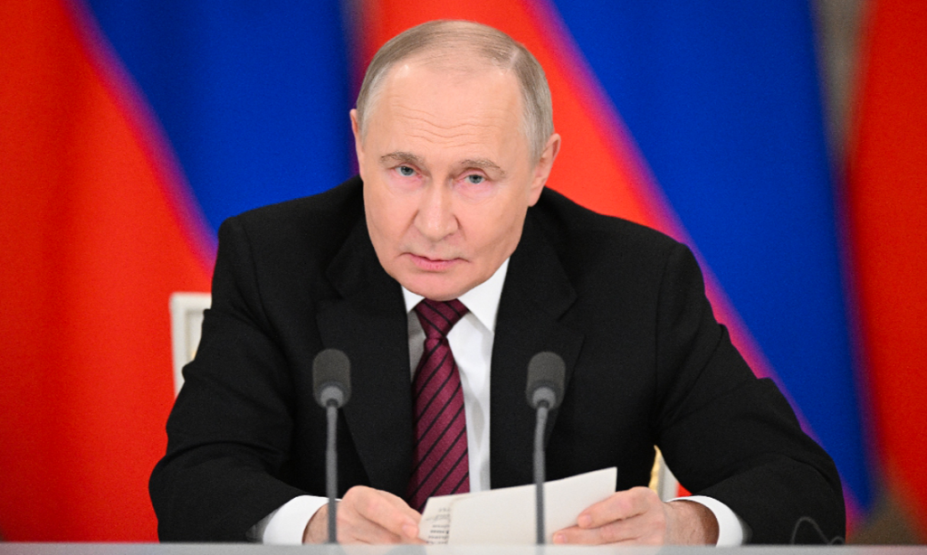 President of Russia Vladimir Putin makes a speech during a press conference in Moscow, Russia on May 10, 2025. Photo: VCG