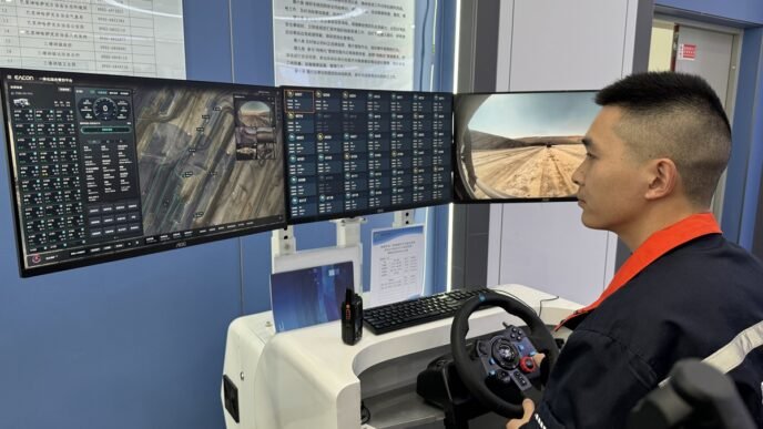 A safety inspector monitors driverless truck operations from the control room at the Shitoumei No.1 open-pit coal mine in Hami, Northwest China